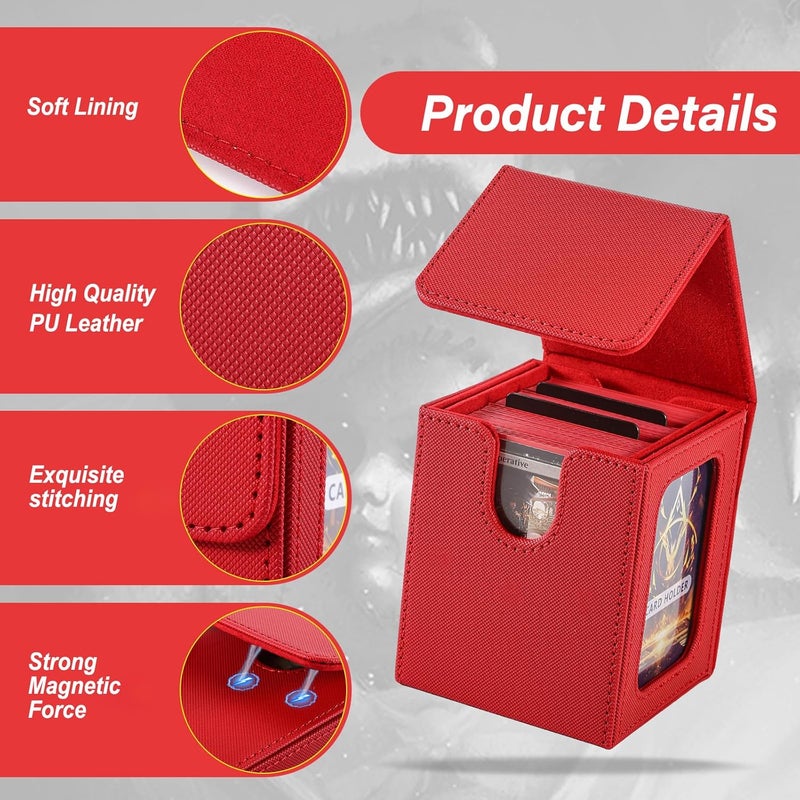 Stepane MTG Deck Box, Double Display Window MTG, Commander Deck Box Fits 120+ Single Sleeved Cards, PU Leather Magnetic Closure Card Box with 2 Dividers&2 Toploaders for TCG, CCG, Red - Image 3